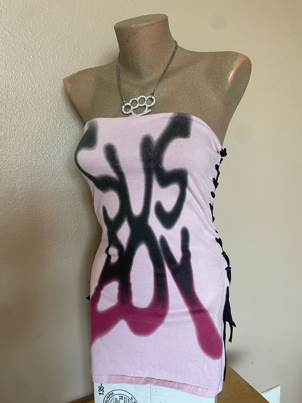 Handmade Sus Boy Pink & Black Tube Top with Lace Up Sides & Cross on Back